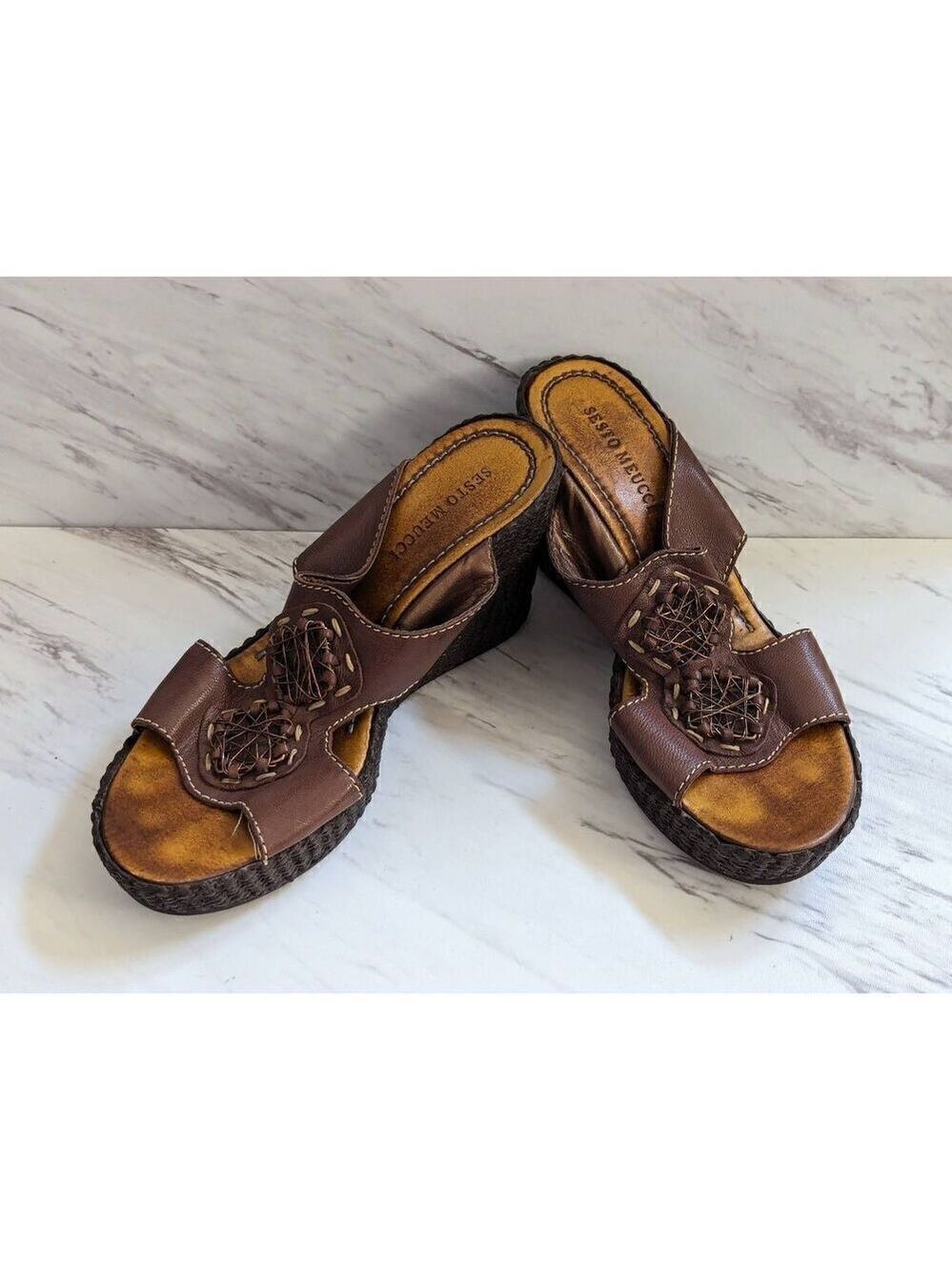 Sesto Meucci Women's Brown Metal Wire Embellished Leather Wedge Sandal Size 38
